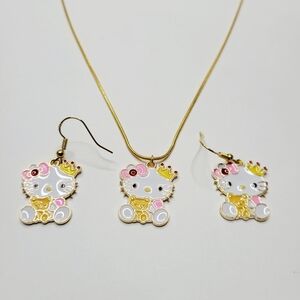 NWT Hello Kitty 3 Piece Matching Snake Chain Necklace Earrings Set Yellow Pink